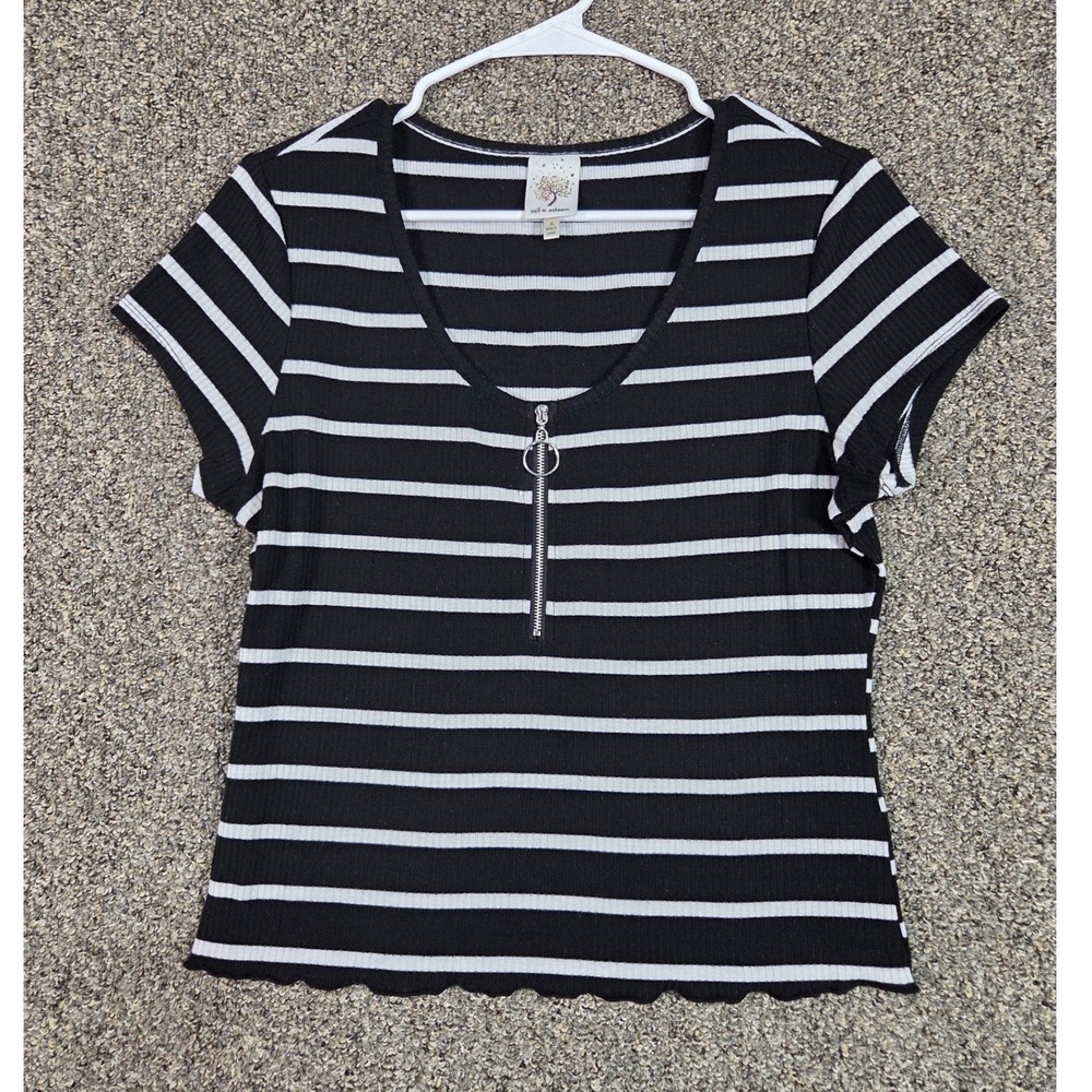 Self Esteem Ribbed Top Womens XL Black White Striped O-Ring Zip Lettuce Edge